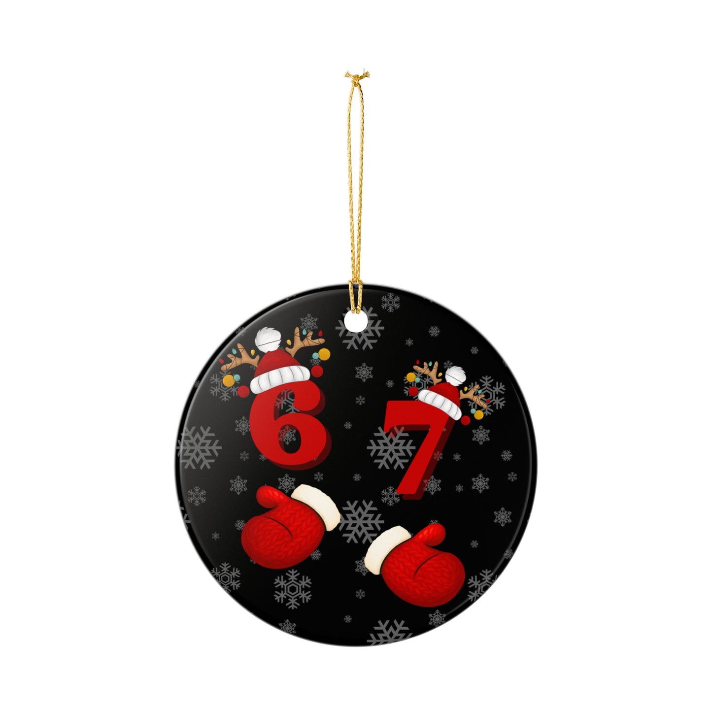 Ceramic Christmas Ornament – Festive '67' Snowflake Design with Mittens & Reindeer Hat