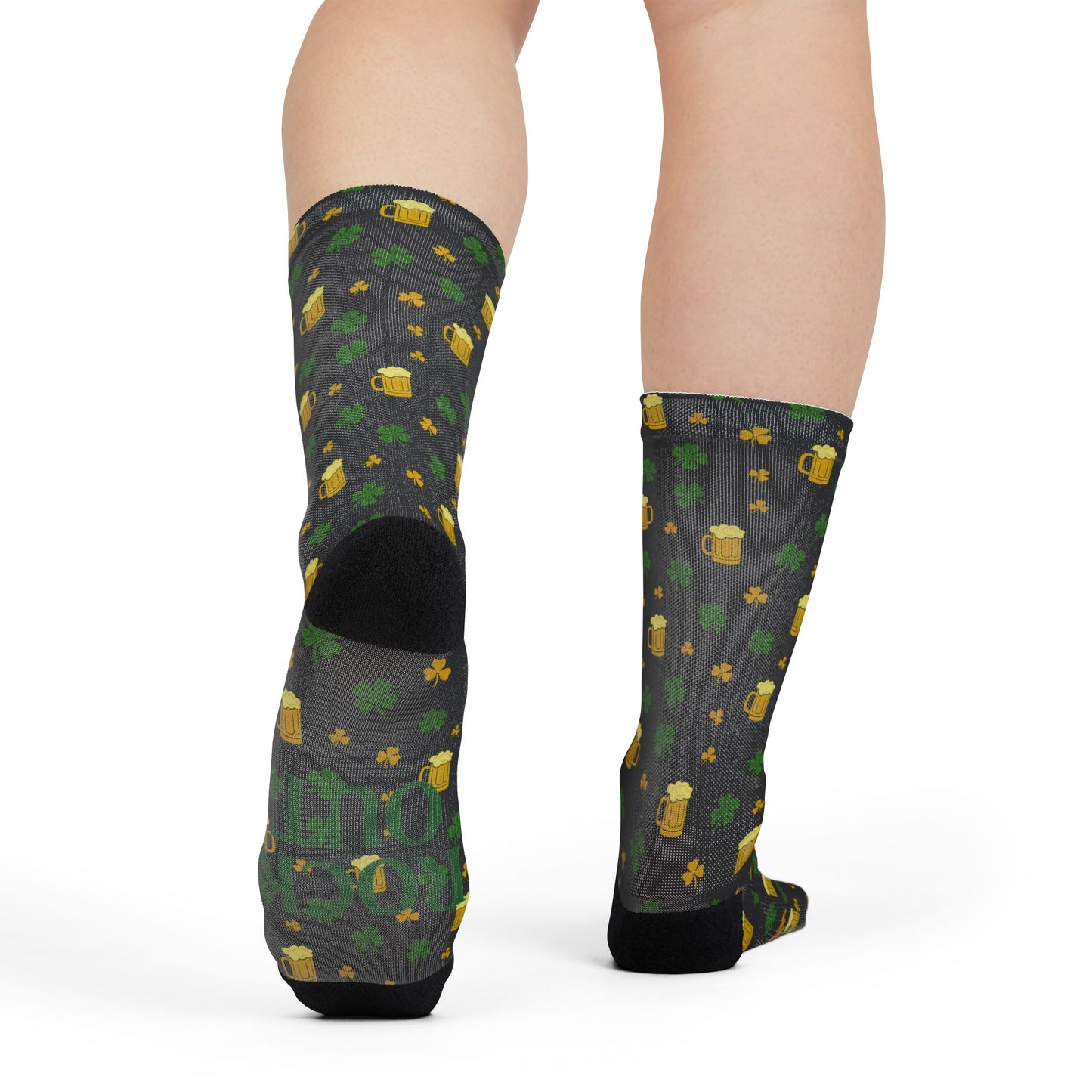 St. Patrick's Day Green Shamrocks & Beer Mug Pattern with 'Rock Out With Your Socks Out' Sublimination | Socks
