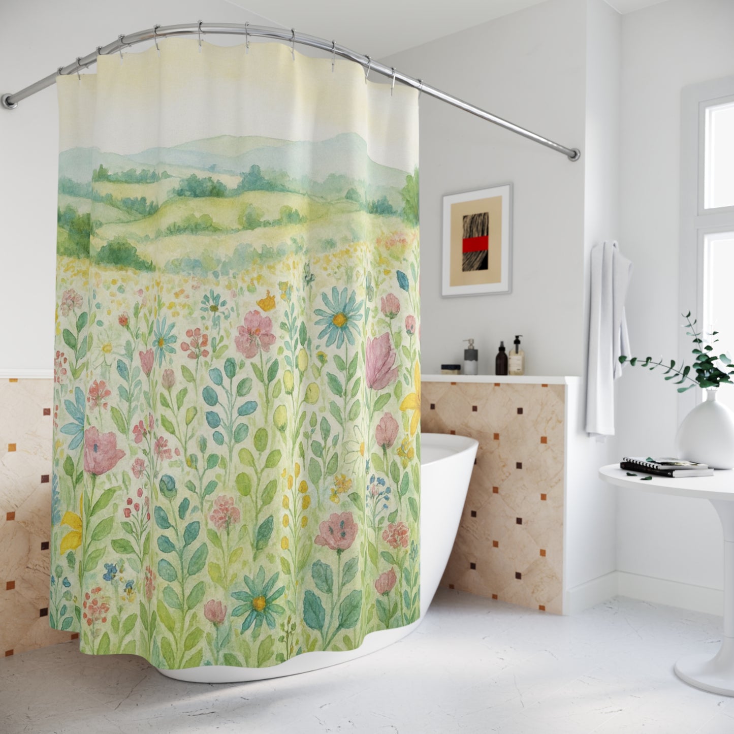 Shower Curtain — Soft Watercolor Wildflower Meadow Bathroom Curtain | Accessories