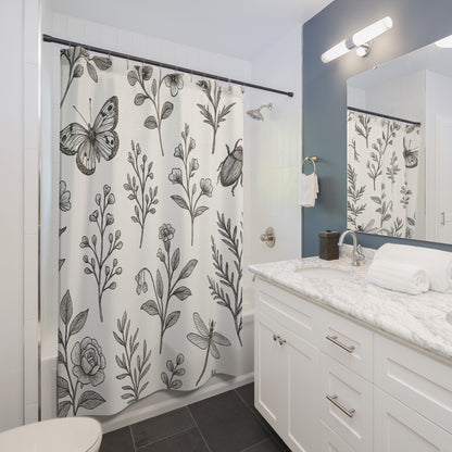 Botanical Sketch Shower Curtain — Monochrome Floral & Insect Pattern | Accessories