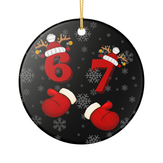 Ceramic Christmas Ornament – Festive '67' Snowflake Design with Mittens & Reindeer Hat