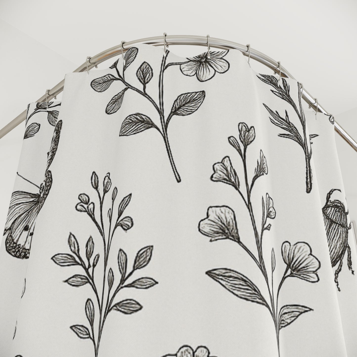 Botanical Sketch Shower Curtain — Monochrome Floral & Insect Pattern | Accessories