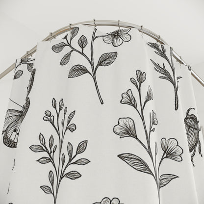 Botanical Sketch Shower Curtain — Monochrome Floral & Insect Pattern | Accessories