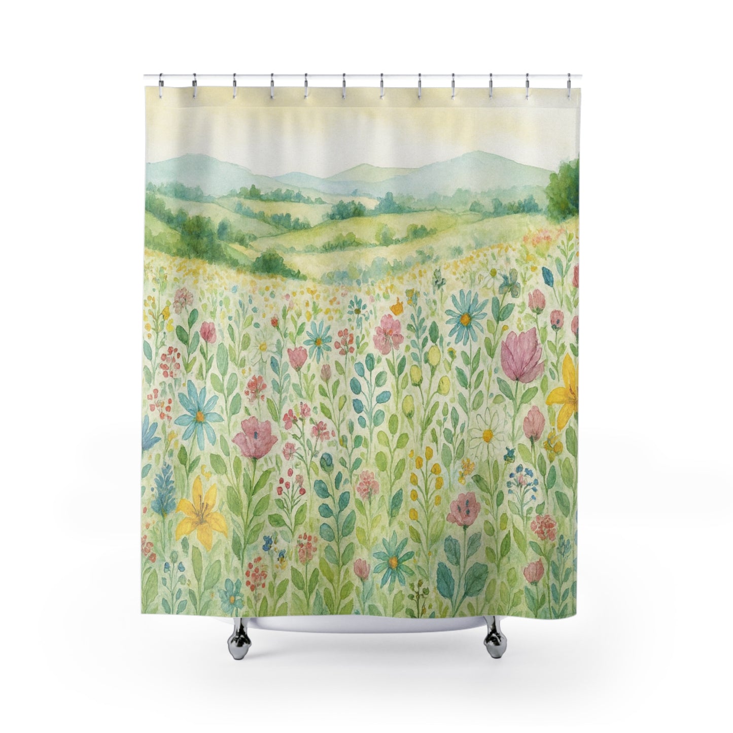 Shower Curtain — Soft Watercolor Wildflower Meadow Bathroom Curtain | Accessories