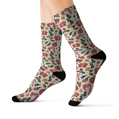 Christmas Pattern Sublimation Socks — Holiday Trees, Gifts & Ornaments Crew Socks
