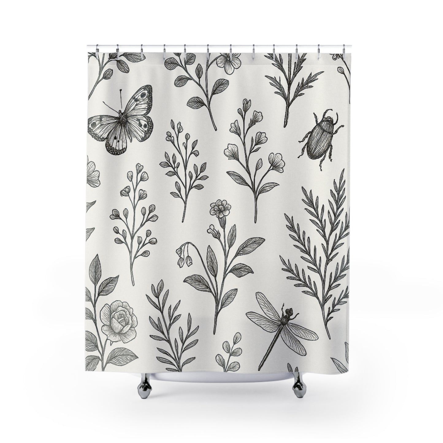 Botanical Sketch Shower Curtain — Monochrome Floral & Insect Pattern | Accessories