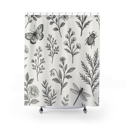 Botanical Sketch Shower Curtain — Monochrome Floral & Insect Pattern | Accessories