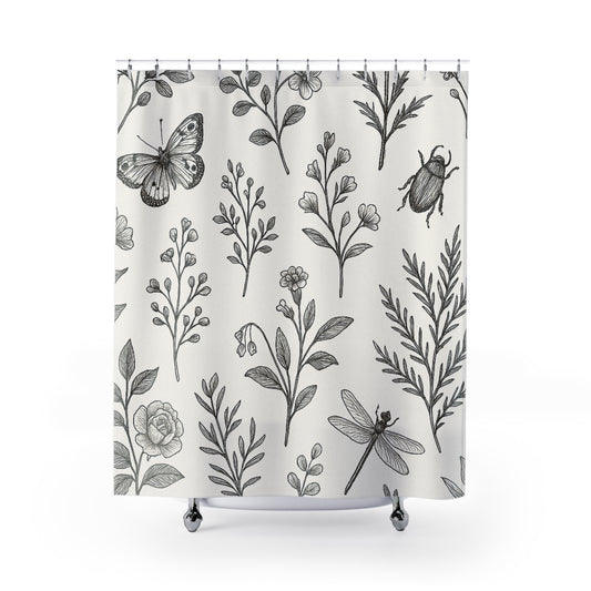 Botanical Sketch Shower Curtain — Monochrome Floral & Insect Pattern | Accessories