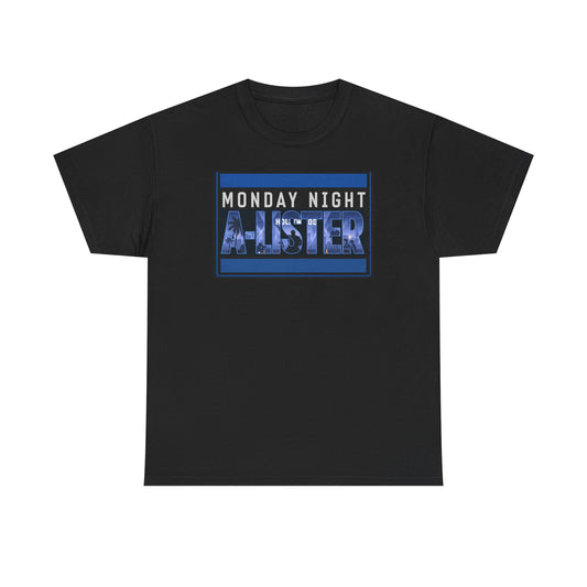 Monday Night Writer T-Shirt — Blue Retro Block Text Tee for Writers & Creatives