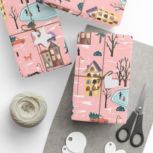 Pink Winter Village Wrapping Paper - Holiday Gift Wrap with Ice Rinks & Cozy Houses | Holidays