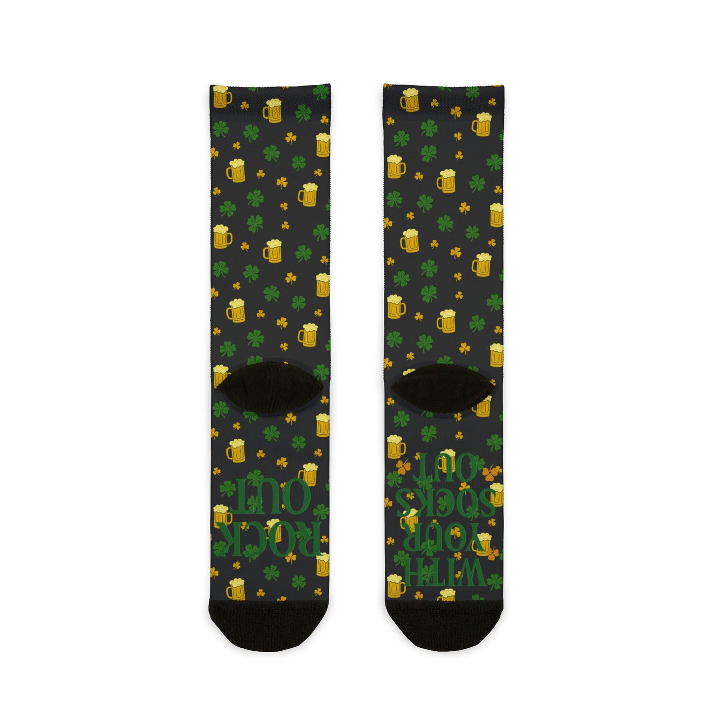 St. Patrick's Day Green Shamrocks & Beer Mug Pattern with 'Rock Out With Your Socks Out' Sublimination | Socks