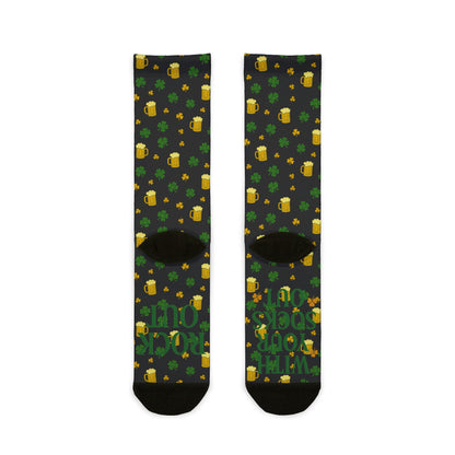 St. Patrick's Day Green Shamrocks & Beer Mug Pattern with 'Rock Out With Your Socks Out' Sublimination | Socks