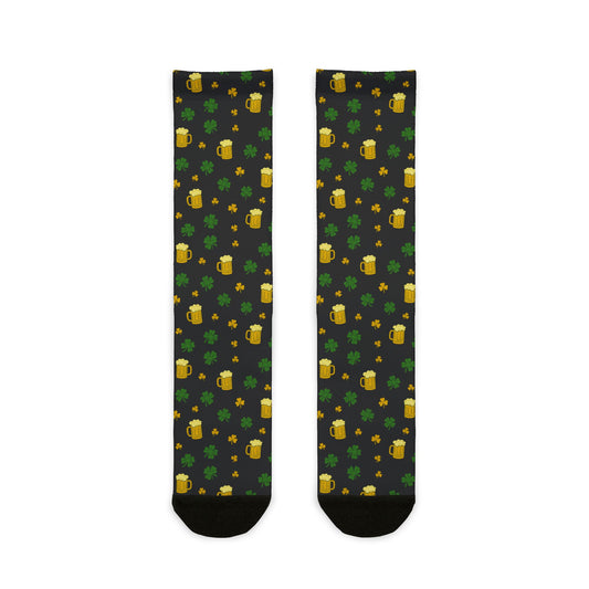 St. Patrick's Day Green Shamrocks & Beer Mug Pattern with 'Rock Out With Your Socks Out' Sublimination | Socks