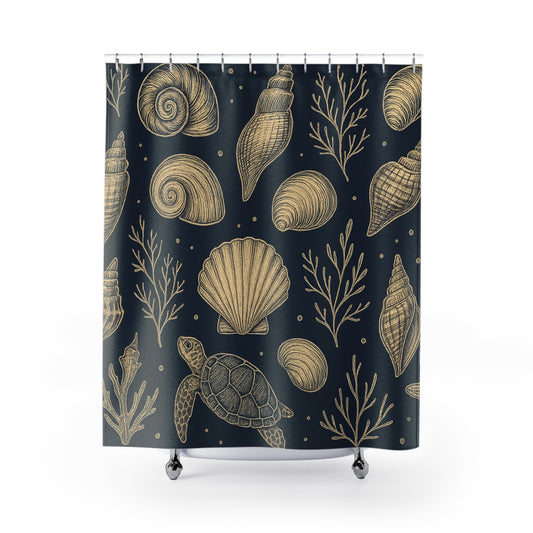 Navy Coastal Shells Shower Curtain — Vintage Seashells & Sea Turtle Bathroom Decor | Accessories