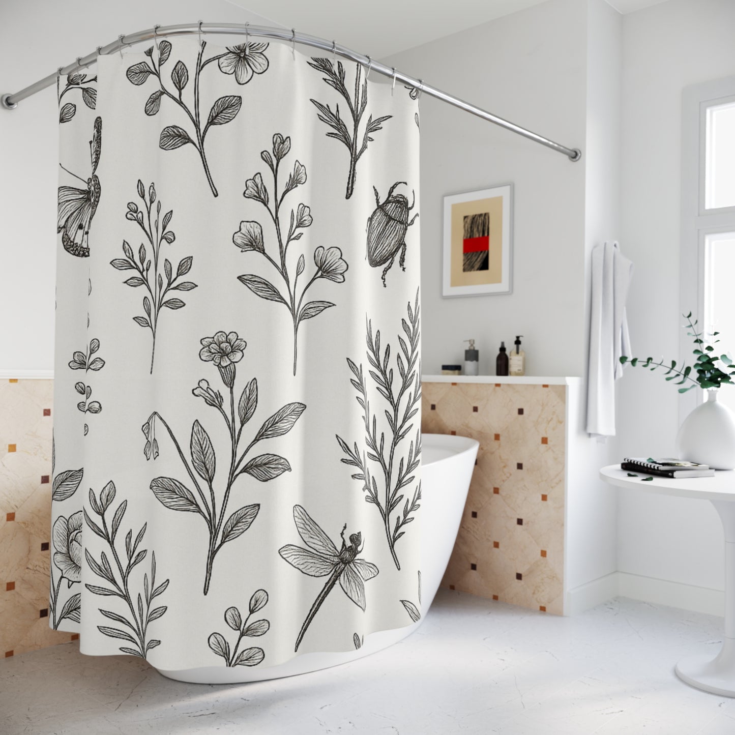 Botanical Sketch Shower Curtain — Monochrome Floral & Insect Pattern | Accessories