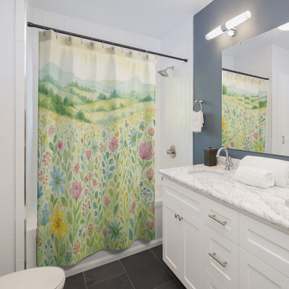 Shower Curtain — Soft Watercolor Wildflower Meadow Bathroom Curtain | Accessories