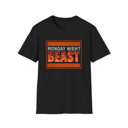Black t-shirt with 'Monday Night Beast' text design on a white background