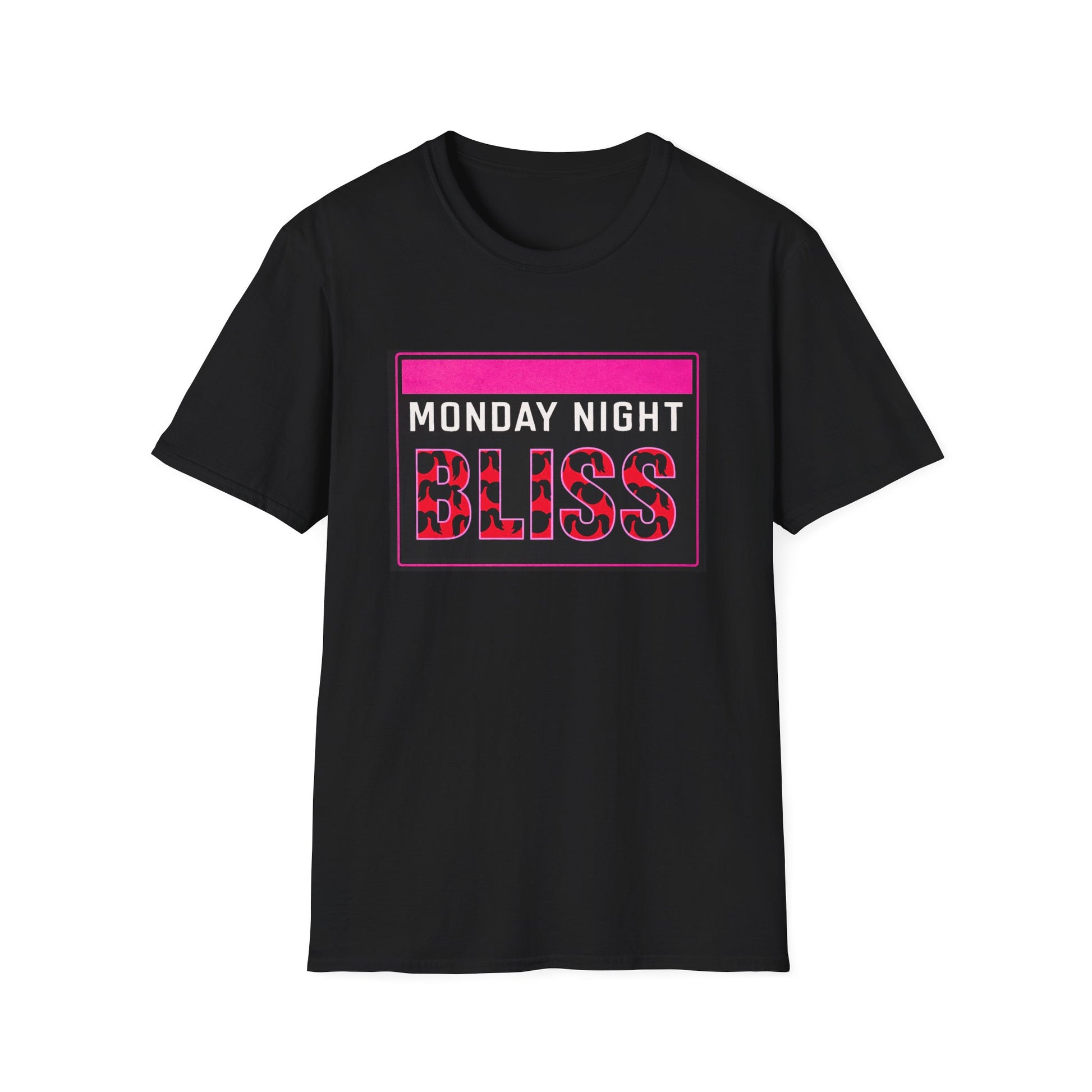 Black t-shirt with 'Monday Night Bliss' text on a white background