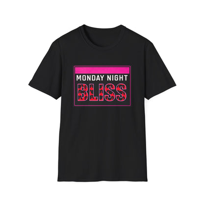 Black t-shirt with 'Monday Night Bliss' text on a white background