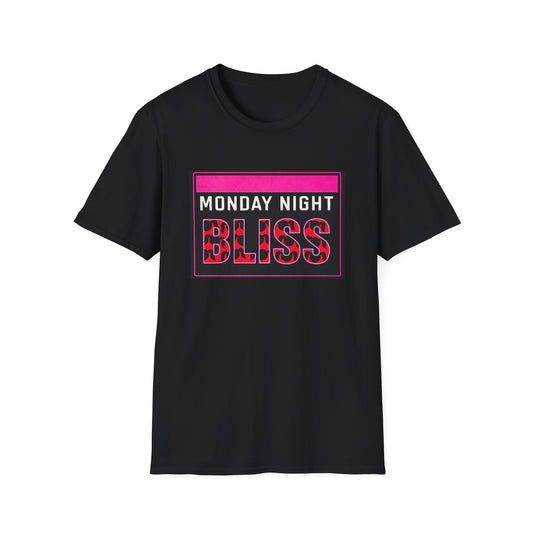 Black t-shirt with 'Monday Night Bliss' text on a white background