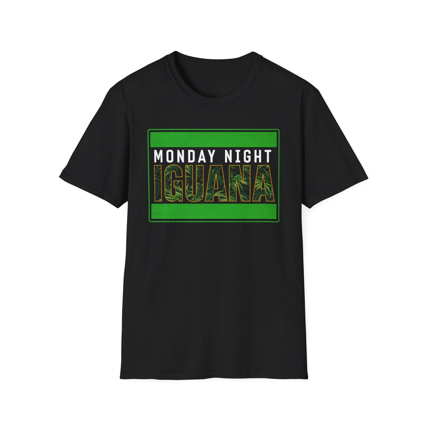 Black t-shirt with 'Monday Night Iguana' text and green border on a white background