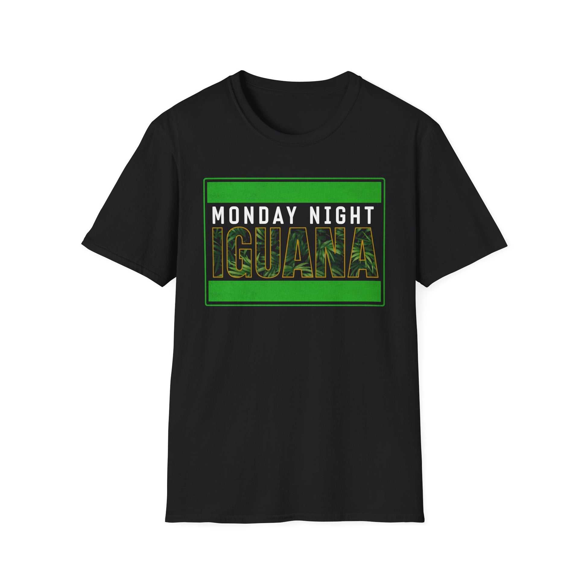 Black t-shirt with 'Monday Night Iguana' text and green border on a white background