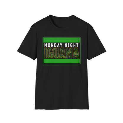 Black t-shirt with 'Monday Night Iguana' text and green border on a white background