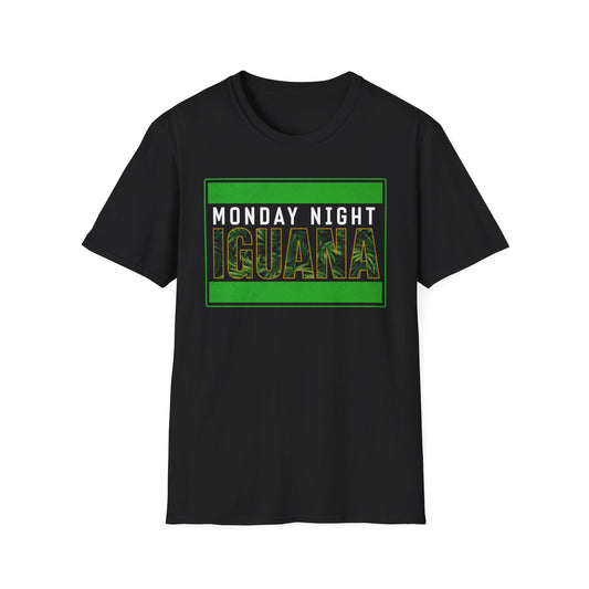 Black t-shirt with 'Monday Night Iguana' text and green border on a white background