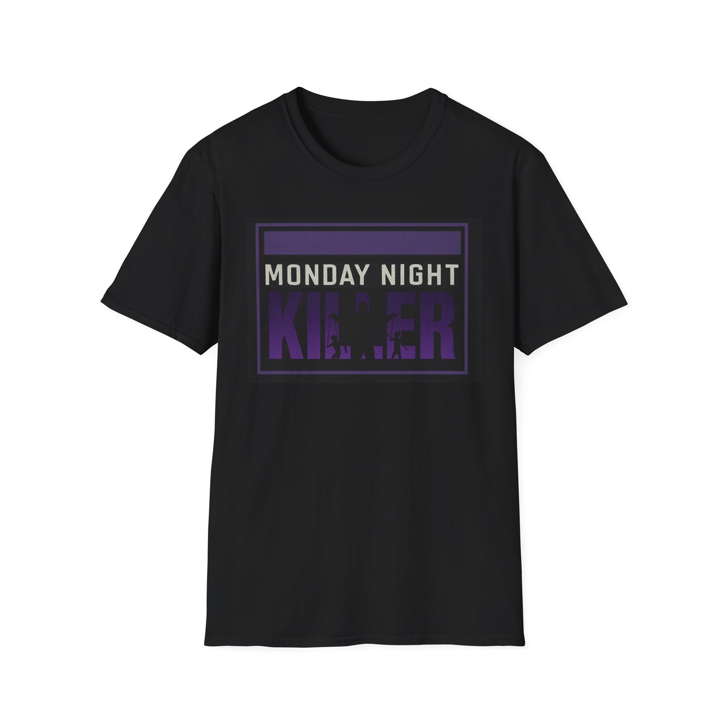 Black t-shirt with 'Monday Night Killer' text in purple and white on a white background