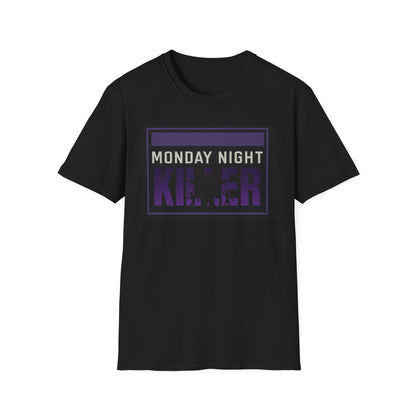 Black t-shirt with 'Monday Night Killer' text in purple and white on a white background