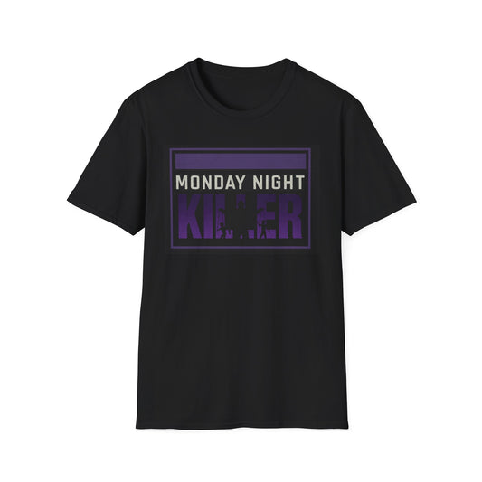 Black t-shirt with 'Monday Night Killer' text in purple and white on a white background