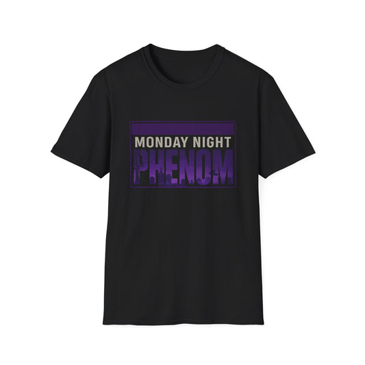 Black t-shirt with 'Monday Night Phenom' text in purple and white on a white background