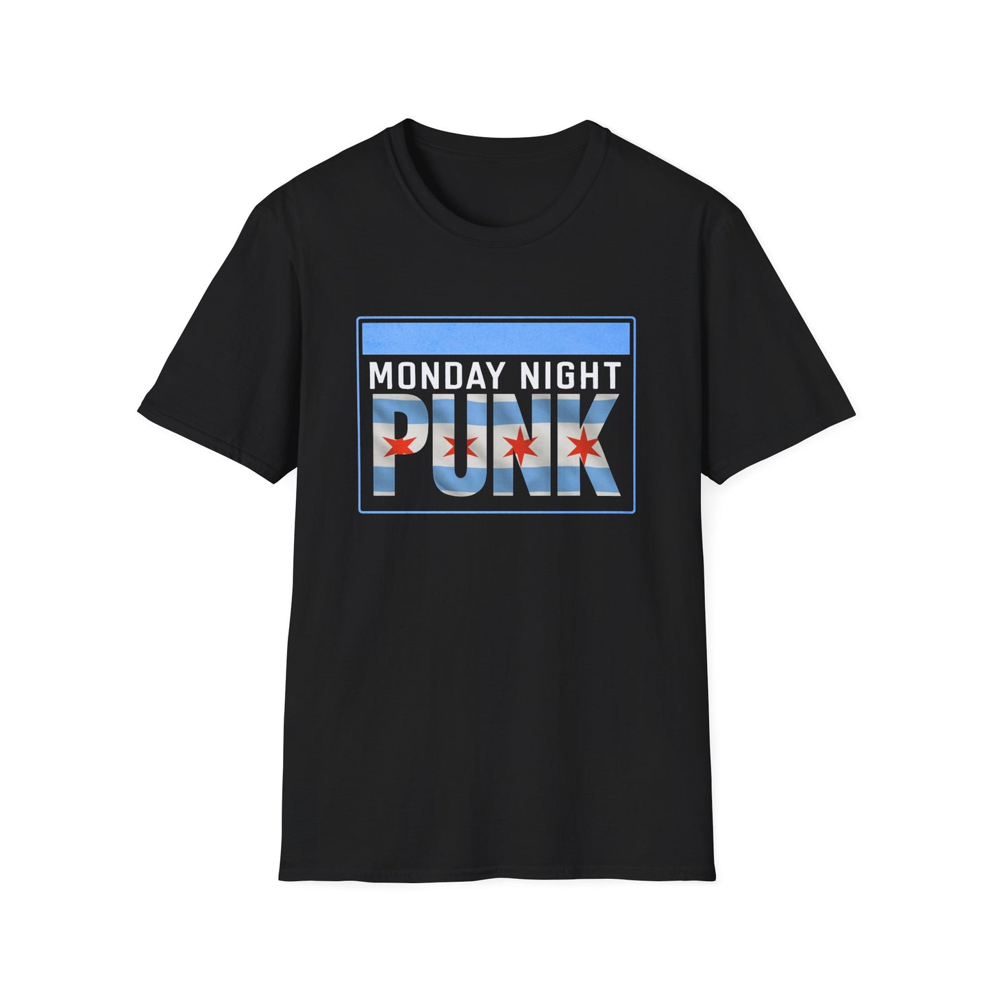 Black t-shirt with 'Monday Night Punk' graphic design on a white background