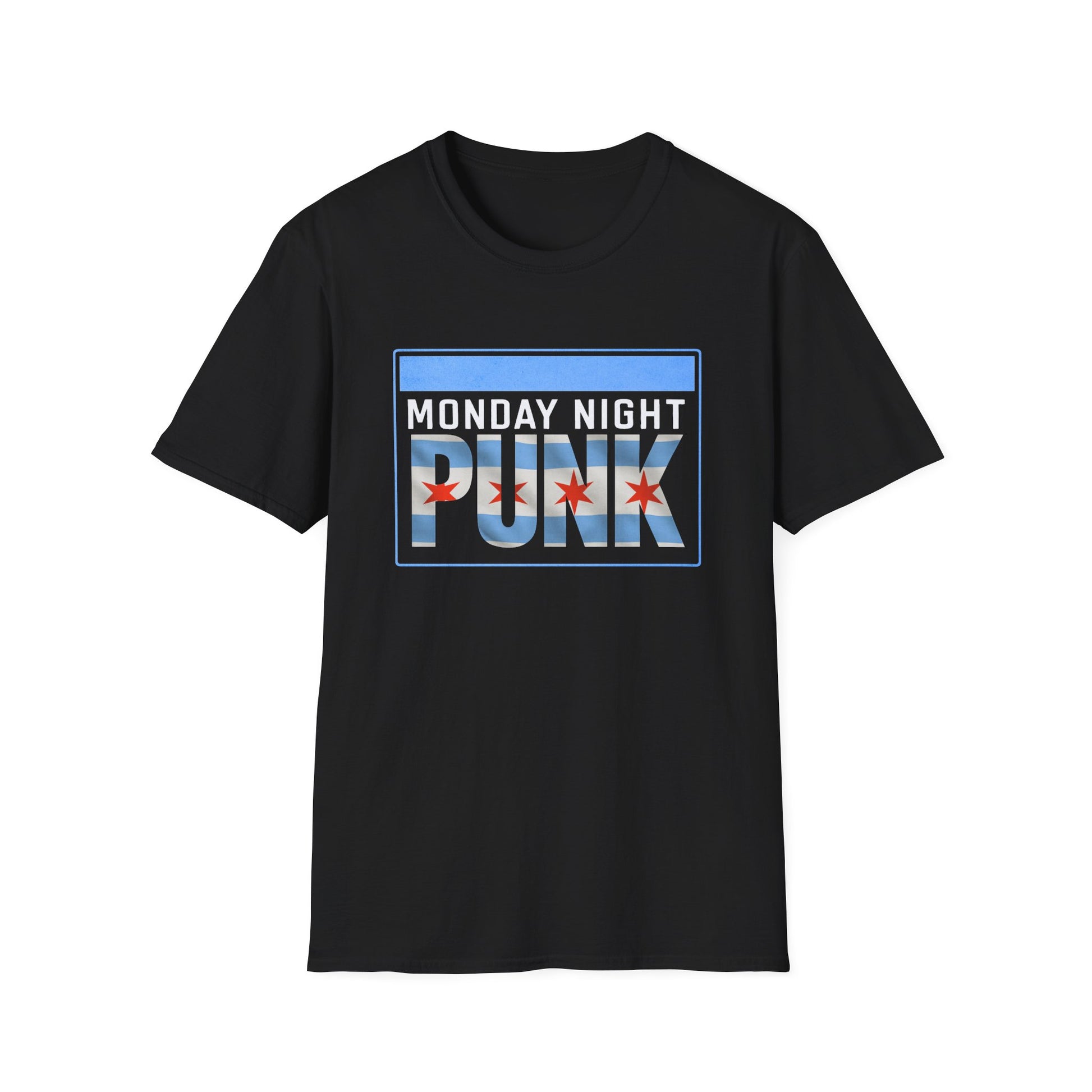 Black t-shirt with 'Monday Night Punk' graphic design on a white background