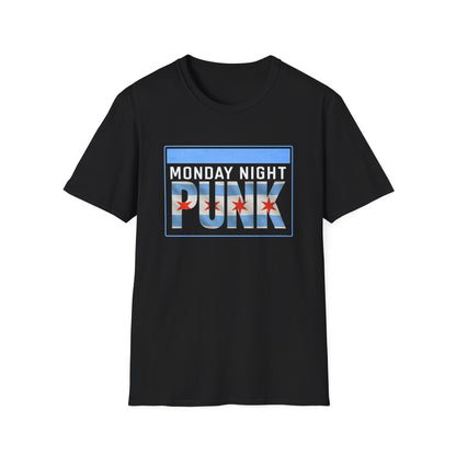 Black t-shirt with 'Monday Night Punk' graphic design on a white background