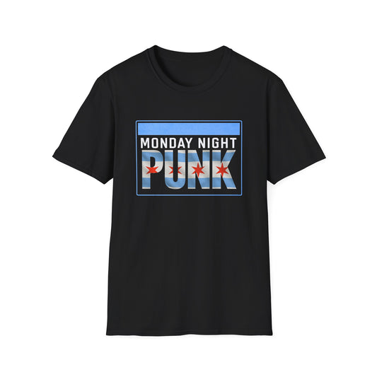 Black t-shirt with 'Monday Night Punk' graphic design on a white background