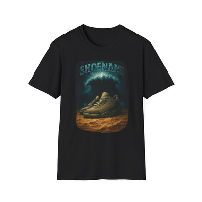 Black t-shirt with a graphic of sneakers on a planet and 'SHOENAMI' text.