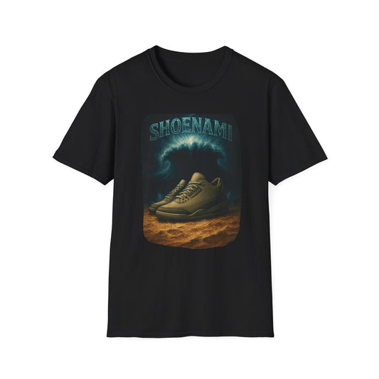 Black t-shirt with a graphic of sneakers on a planet and 'SHOENAMI' text.